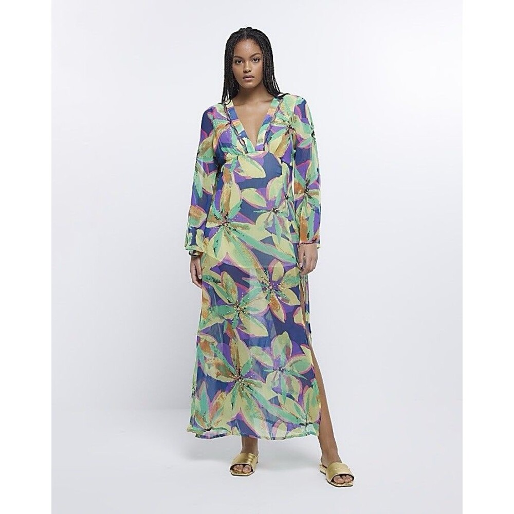 River Island open back beach maxi dress - Beaded Tropical Print Size M Green